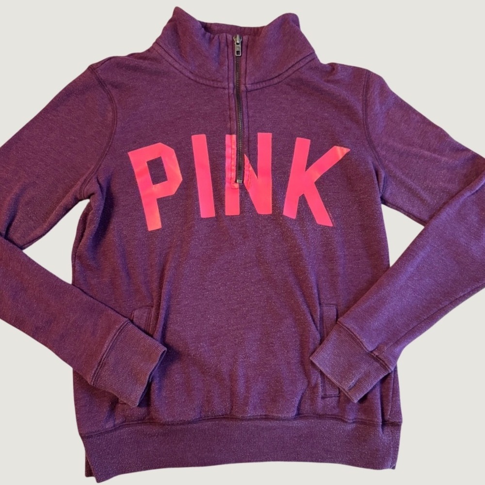 PINK Victorias Secret Quarter Zip Pullover Plum Purple Neon Logo Sweatshirt XS